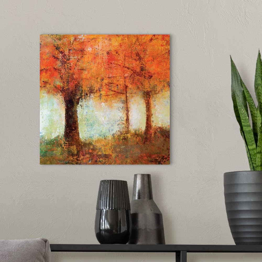 A modern room featuring Contemporary artwork of brightly colored fall trees against a soft pale green sky.