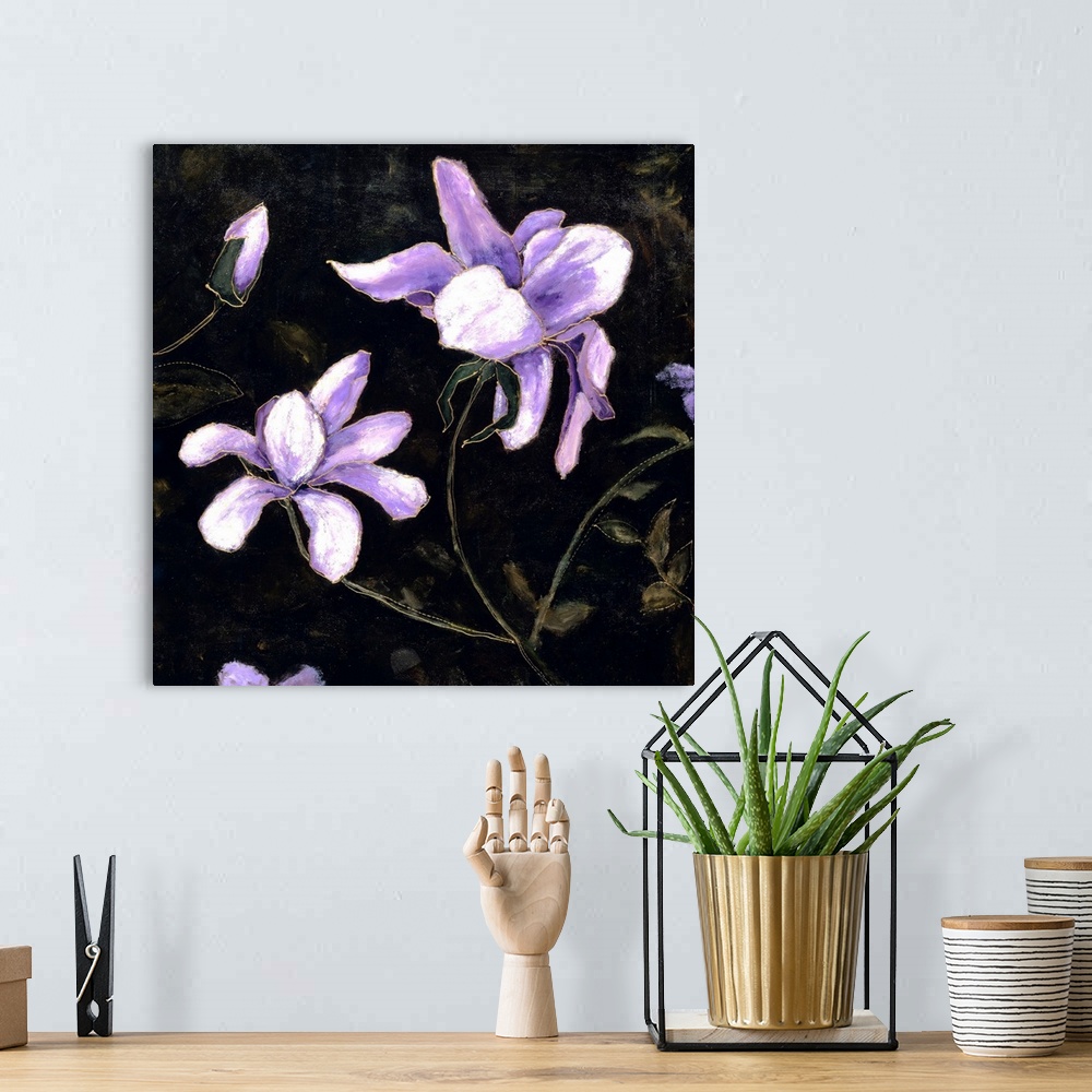 A bohemian room featuring Contemporary painting of lavender flowers in bloom on a chalkboard background.