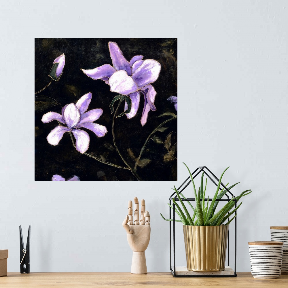 A bohemian room featuring Contemporary painting of lavender flowers in bloom on a chalkboard background.