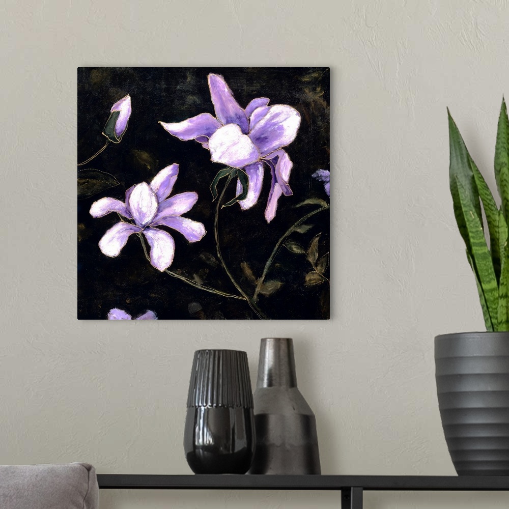 A modern room featuring Contemporary painting of lavender flowers in bloom on a chalkboard background.