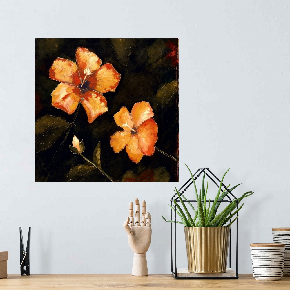 A bohemian room featuring Contemporary painting of orange hibiscus flowers in bloom on a chalkboard background.