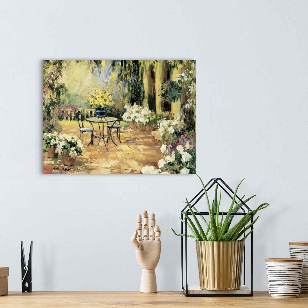 A bohemian room featuring Fine art oil painting landscape of a floral courtyard with flowering plants and a table for two b...