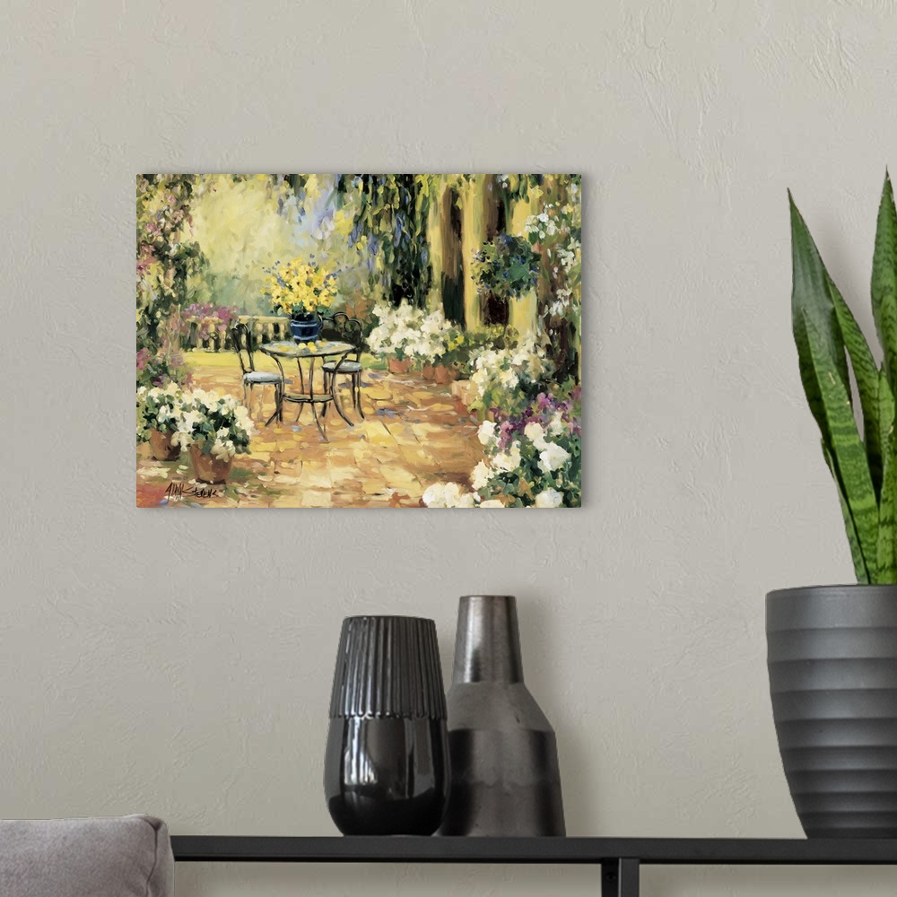 A modern room featuring Fine art oil painting landscape of a floral courtyard with flowering plants and a table for two b...