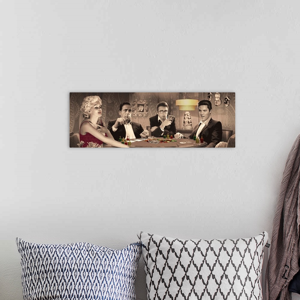 A bohemian room featuring Painting of Marilyn Monroe, Humphrey Bogart, James Dean, and Elvis Presley playing cards together.