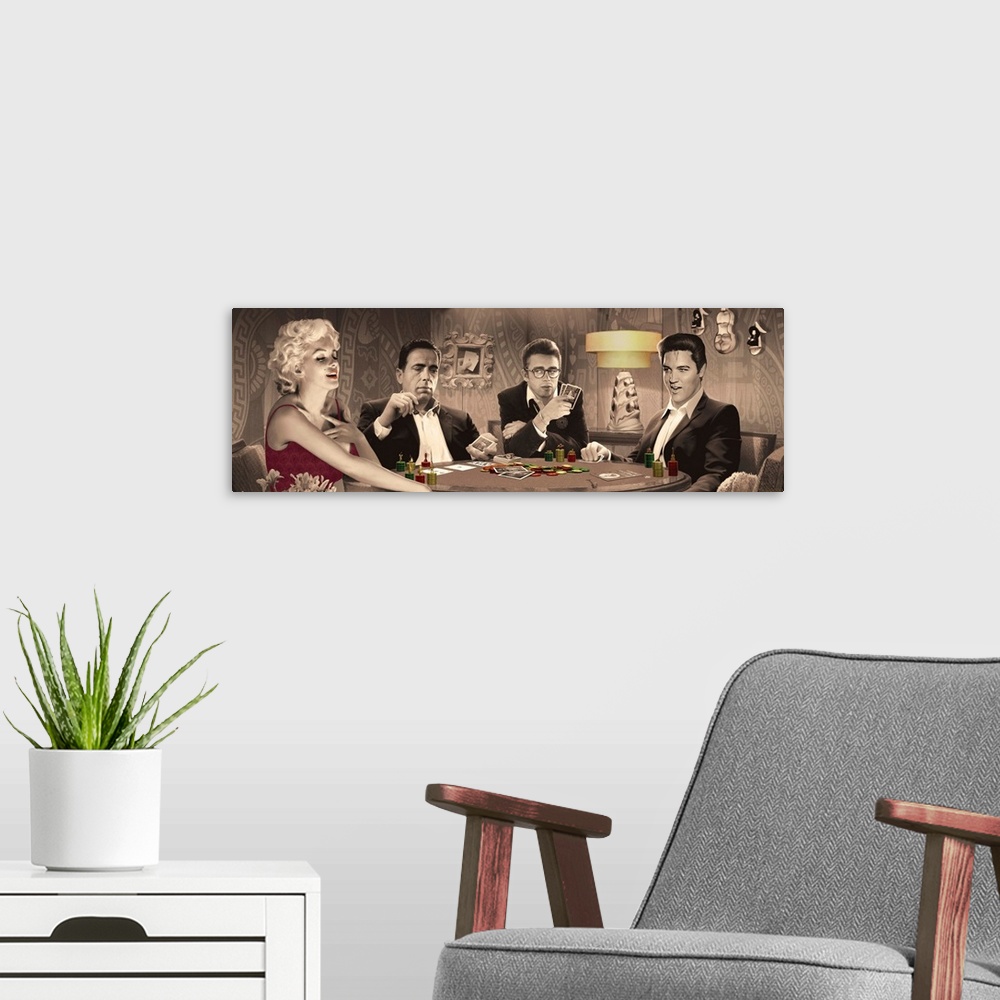 A modern room featuring Painting of Marilyn Monroe, Humphrey Bogart, James Dean, and Elvis Presley playing cards together.