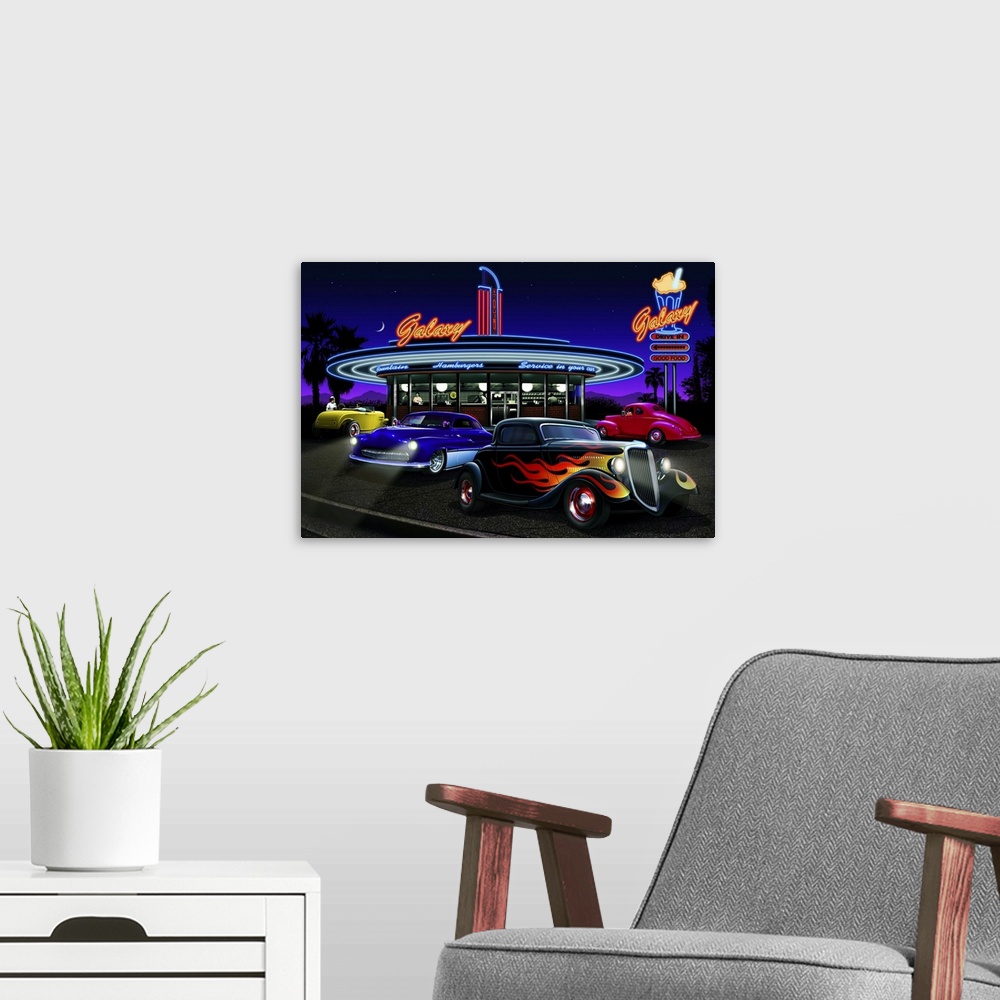 A modern room featuring Digital art painting of the Galaxy Drive-In restaurant with four hot rod cars outside by Helen Fl...
