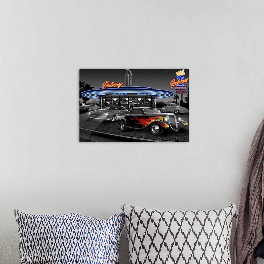 A bohemian room featuring Digital art painting of the Galaxy Drive-In restaurant with four hot rod cars outside by Helen Fl...