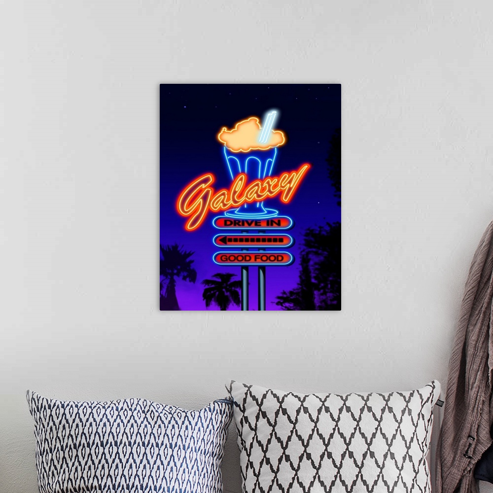 A bohemian room featuring Digital artwork of the Galaxy Drive-In restaurant sign in glowing neon.