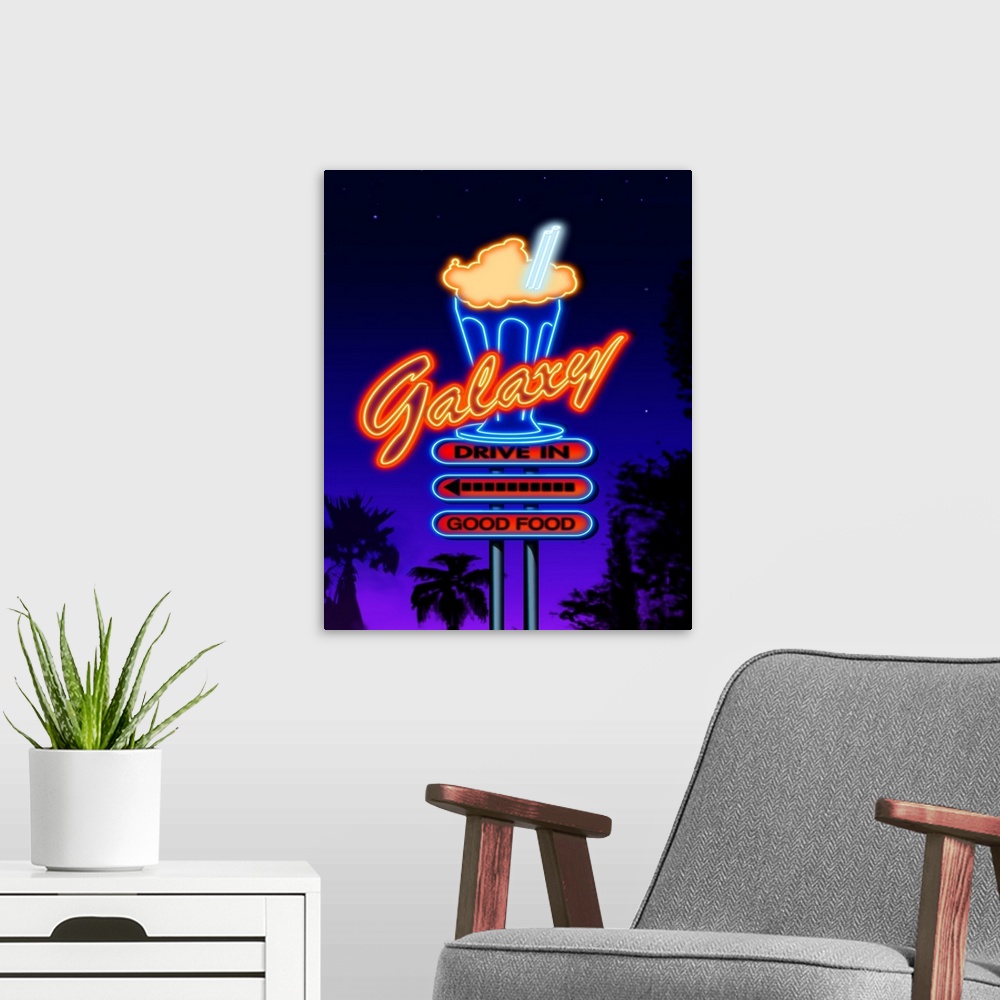 A modern room featuring Digital artwork of the Galaxy Drive-In restaurant sign in glowing neon.