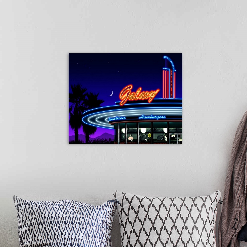 A bohemian room featuring Digital art painting of the Galaxy Drive-In restaurant sign in glowing neon.