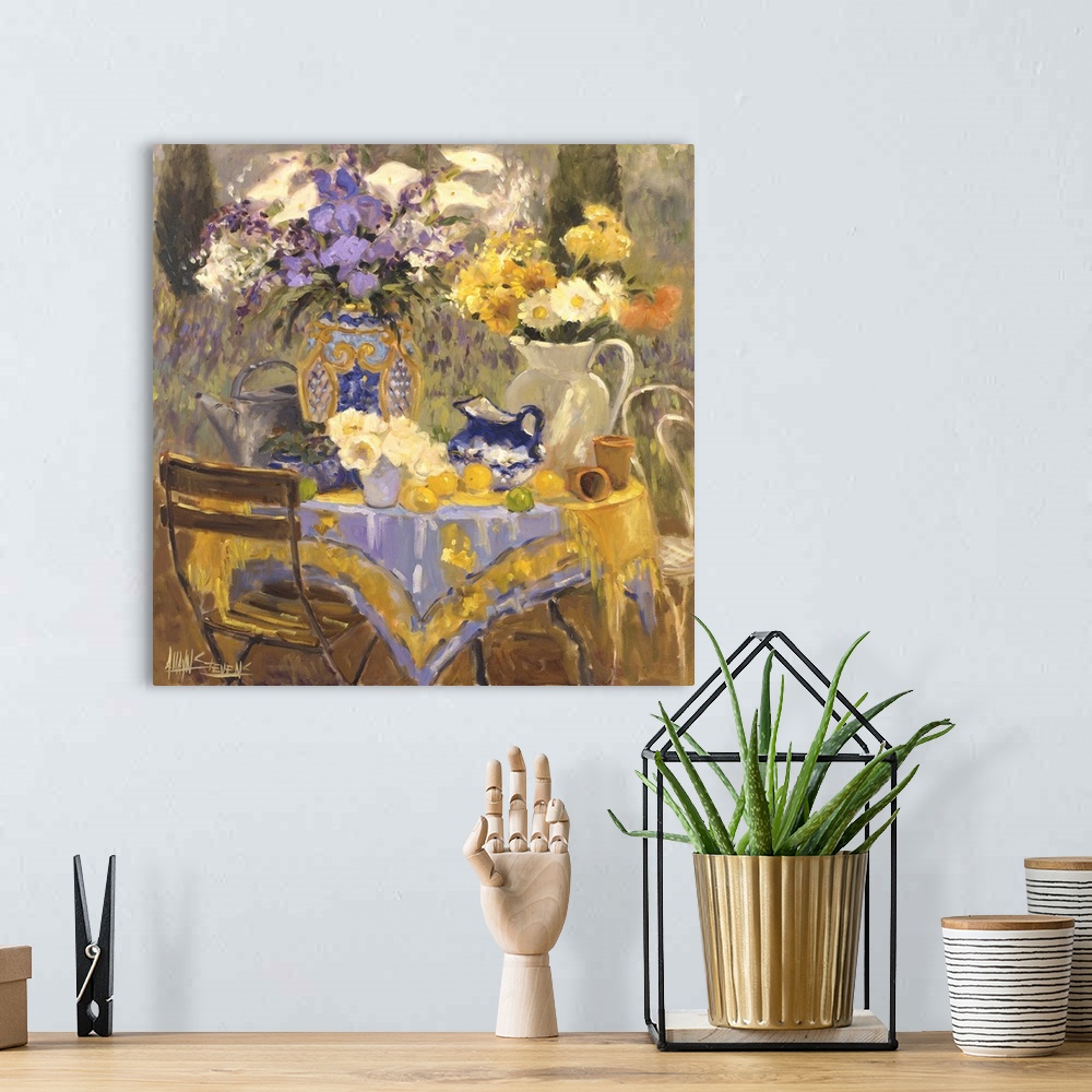 A bohemian room featuring Fine art oil painting still life of beautiful yellow and lavender colored flowers set on outdoor ...