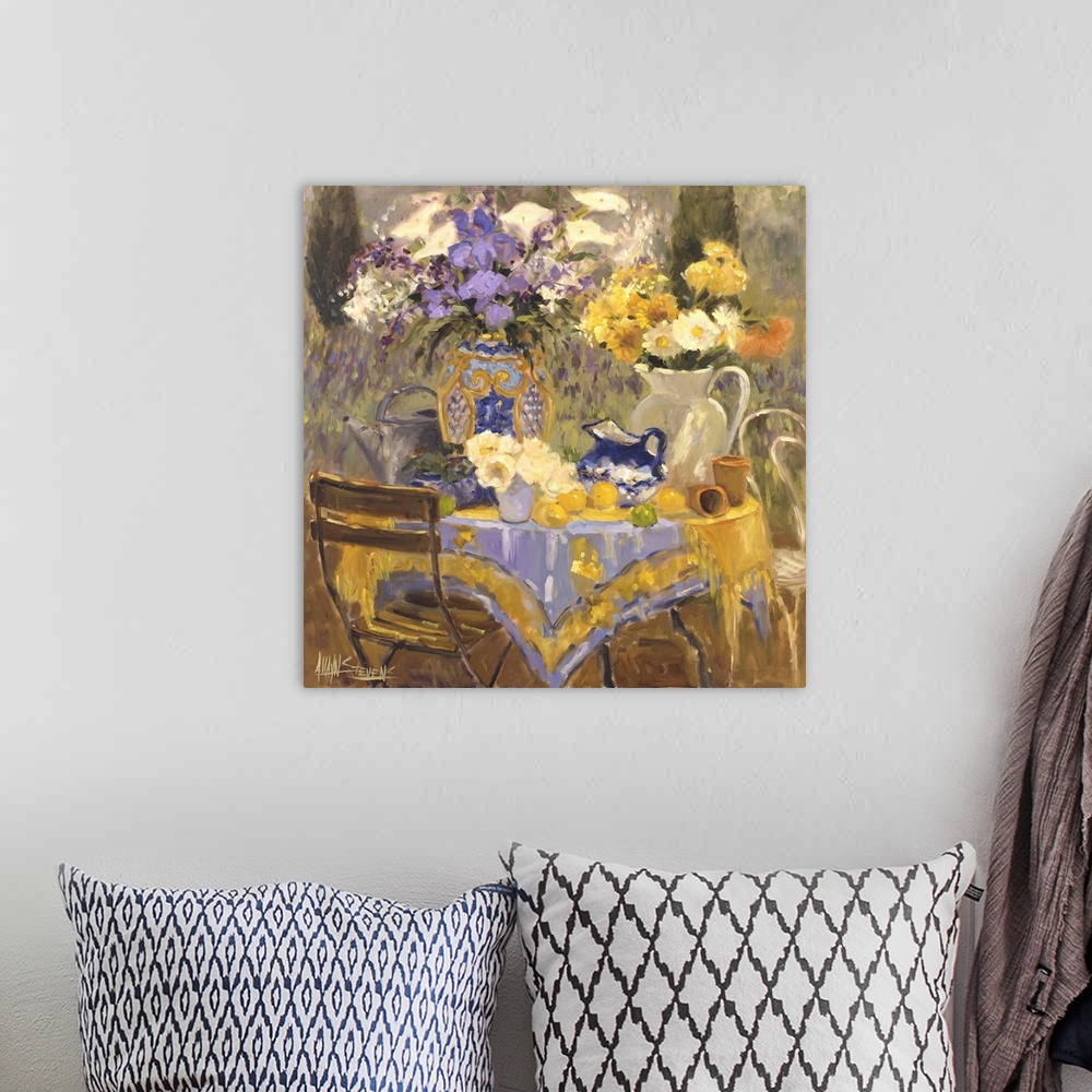 A bohemian room featuring Fine art oil painting still life of beautiful yellow and lavender colored flowers set on outdoor ...
