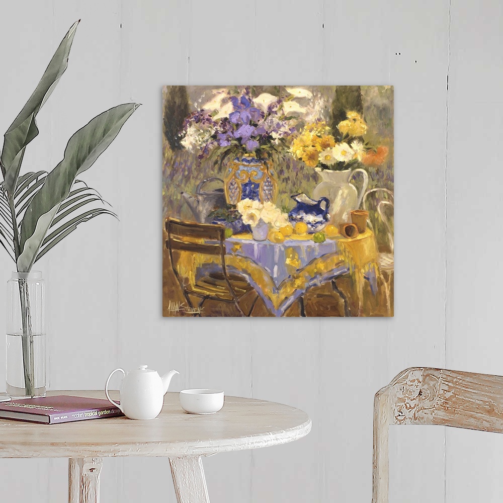 A farmhouse room featuring Fine art oil painting still life of beautiful yellow and lavender colored flowers set on outdoor ...