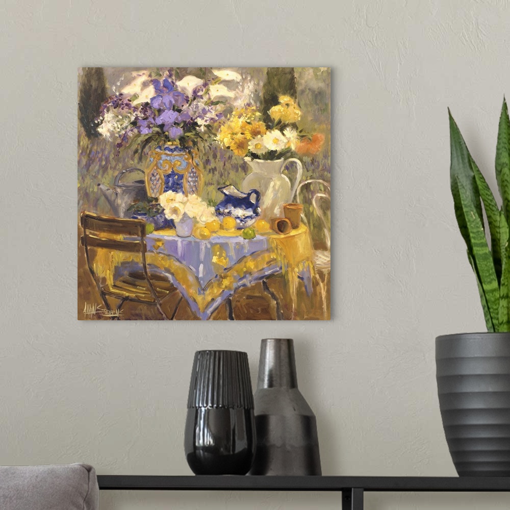 A modern room featuring Fine art oil painting still life of beautiful yellow and lavender colored flowers set on outdoor ...