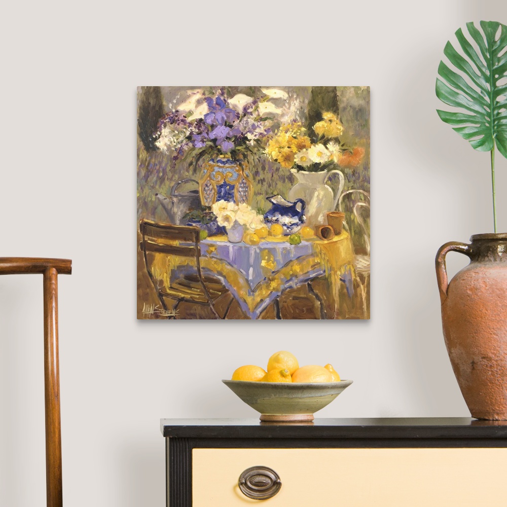 A traditional room featuring Fine art oil painting still life of beautiful yellow and lavender colored flowers set on outdoor ...