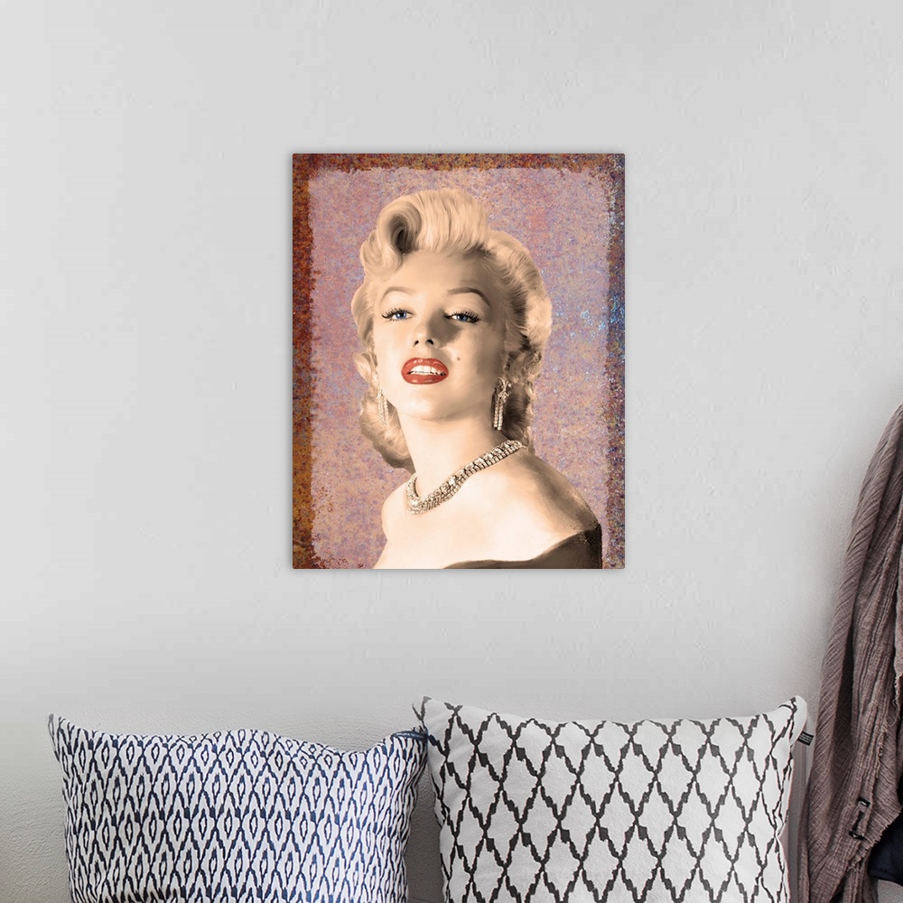 A bohemian room featuring Digital art painting in sepia with spot color, of Marilyn Monroe in Girl's Best Friend.
