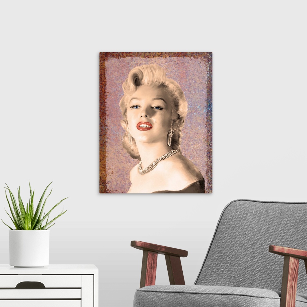 A modern room featuring Digital art painting in sepia with spot color, of Marilyn Monroe in Girl's Best Friend.