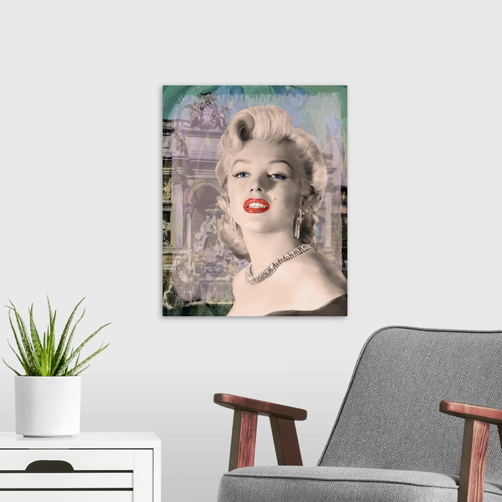 A modern room featuring Digital art painting of Marilyn Monroe and the Trevi Fountain in Girl's Best Friend Trevi.