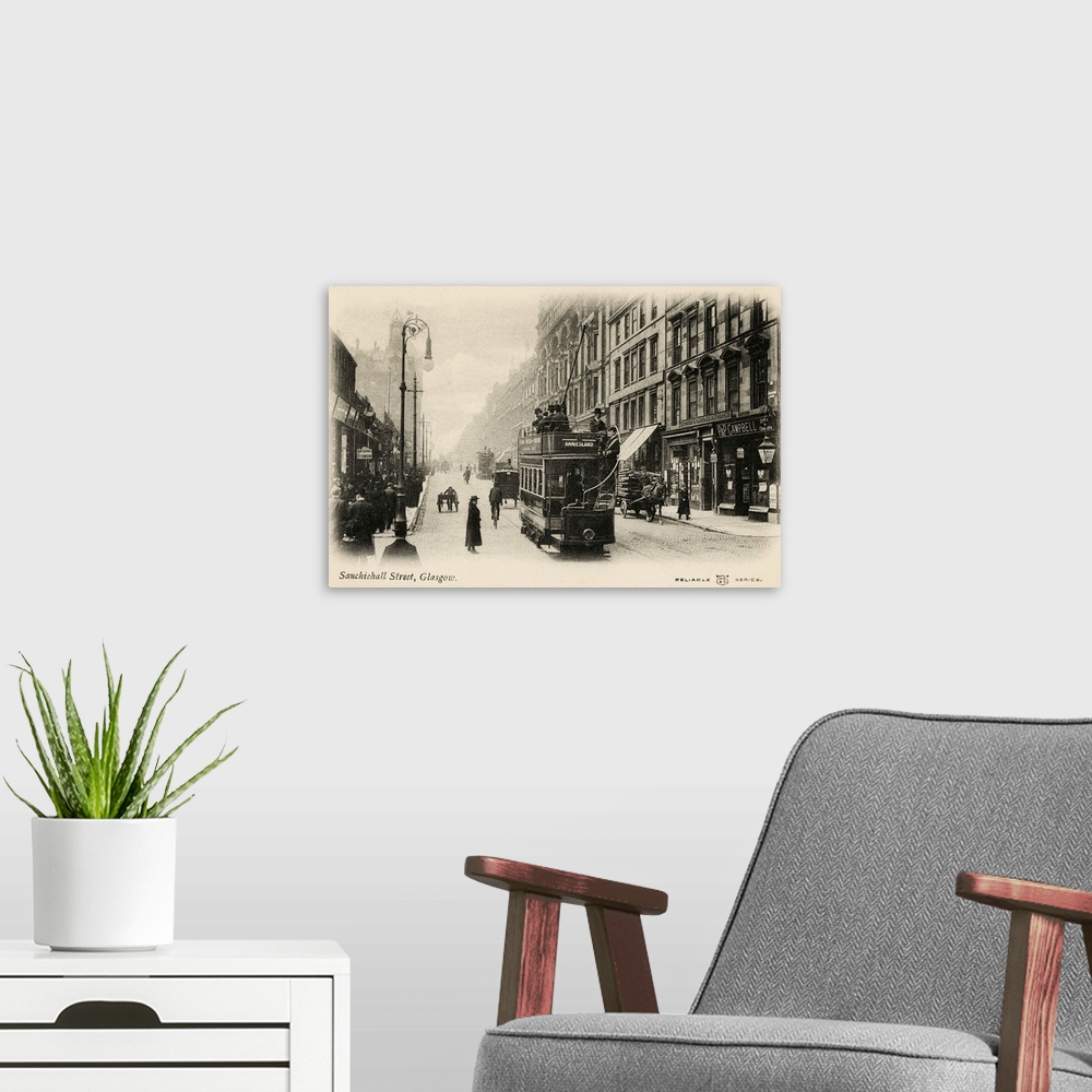 A modern room featuring Vintage postcard of a street in Glasgow, Scotland, with a trolley.