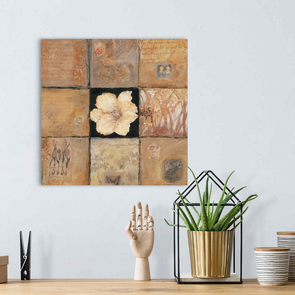A bohemian room featuring Contemporary collage of a hibiscus flower surrounded by words of encouragement and mixed media el...
