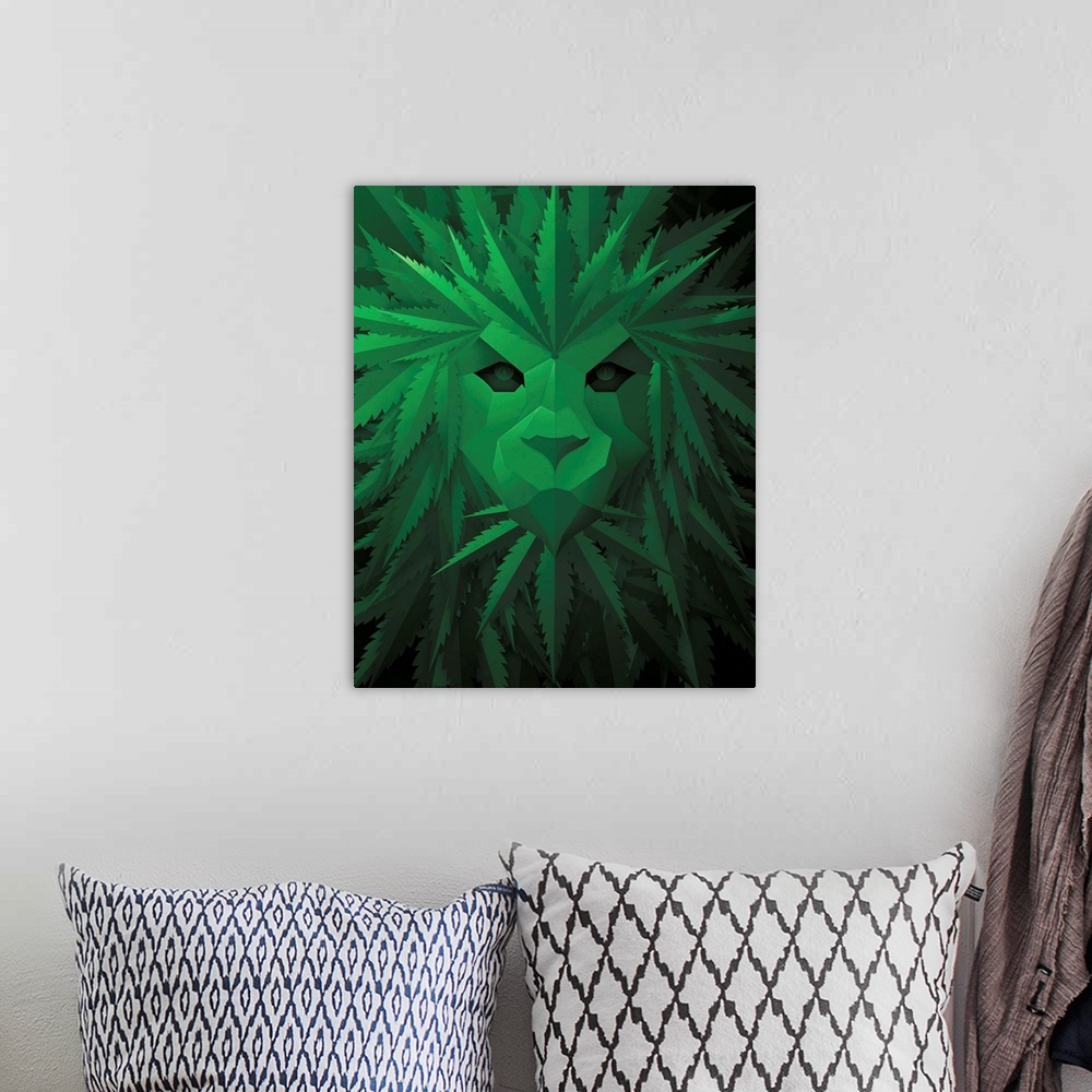 A bohemian room featuring Digital art painting of a poster titled Green Lion by JJ Brando of a lion made out of marijuana l...