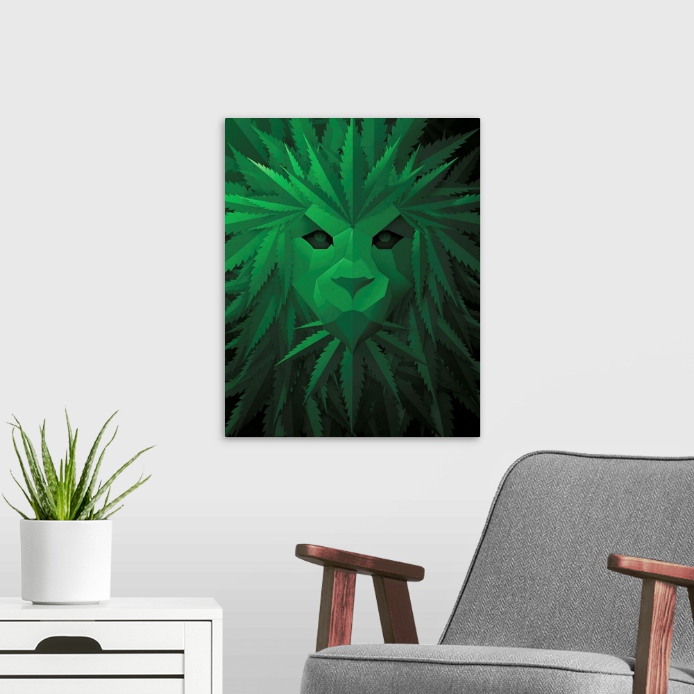 A modern room featuring Digital art painting of a poster titled Green Lion by JJ Brando of a lion made out of marijuana l...