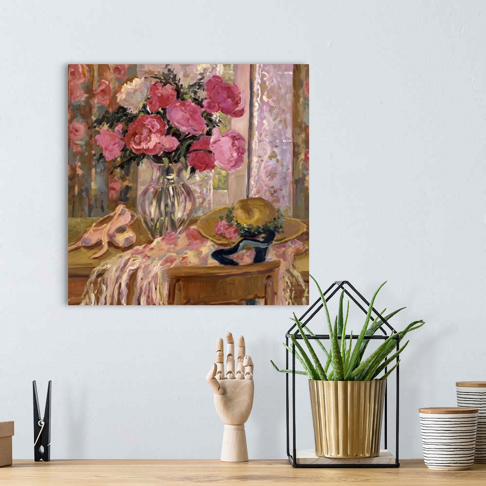 A bohemian room featuring Fine art oil painting still life of flowers, ballet slippers and a hat on a table in beautiful sh...