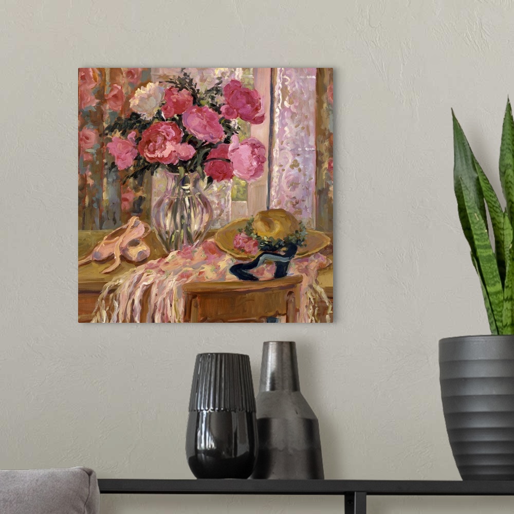 A modern room featuring Fine art oil painting still life of flowers, ballet slippers and a hat on a table in beautiful sh...
