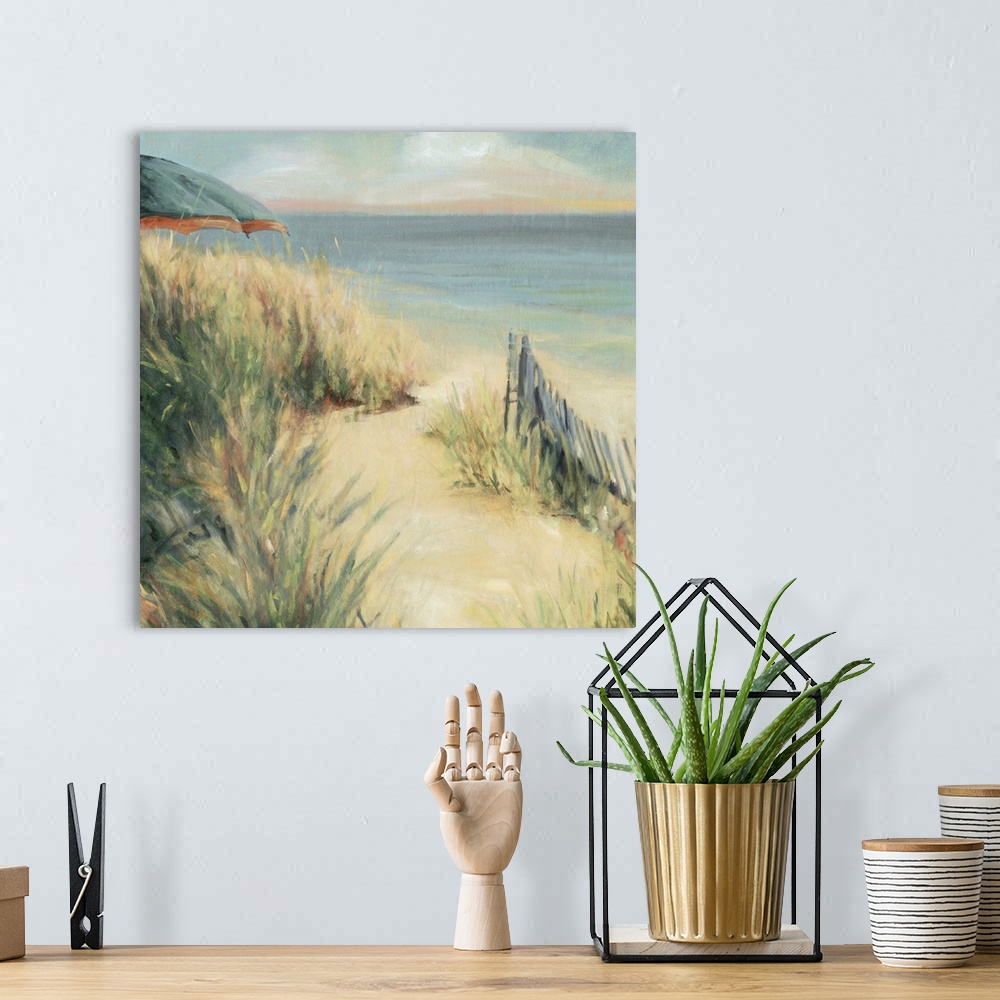 A bohemian room featuring Contemporary painting of an East coast beach in Bridgeport in the warm summer afternoon.
