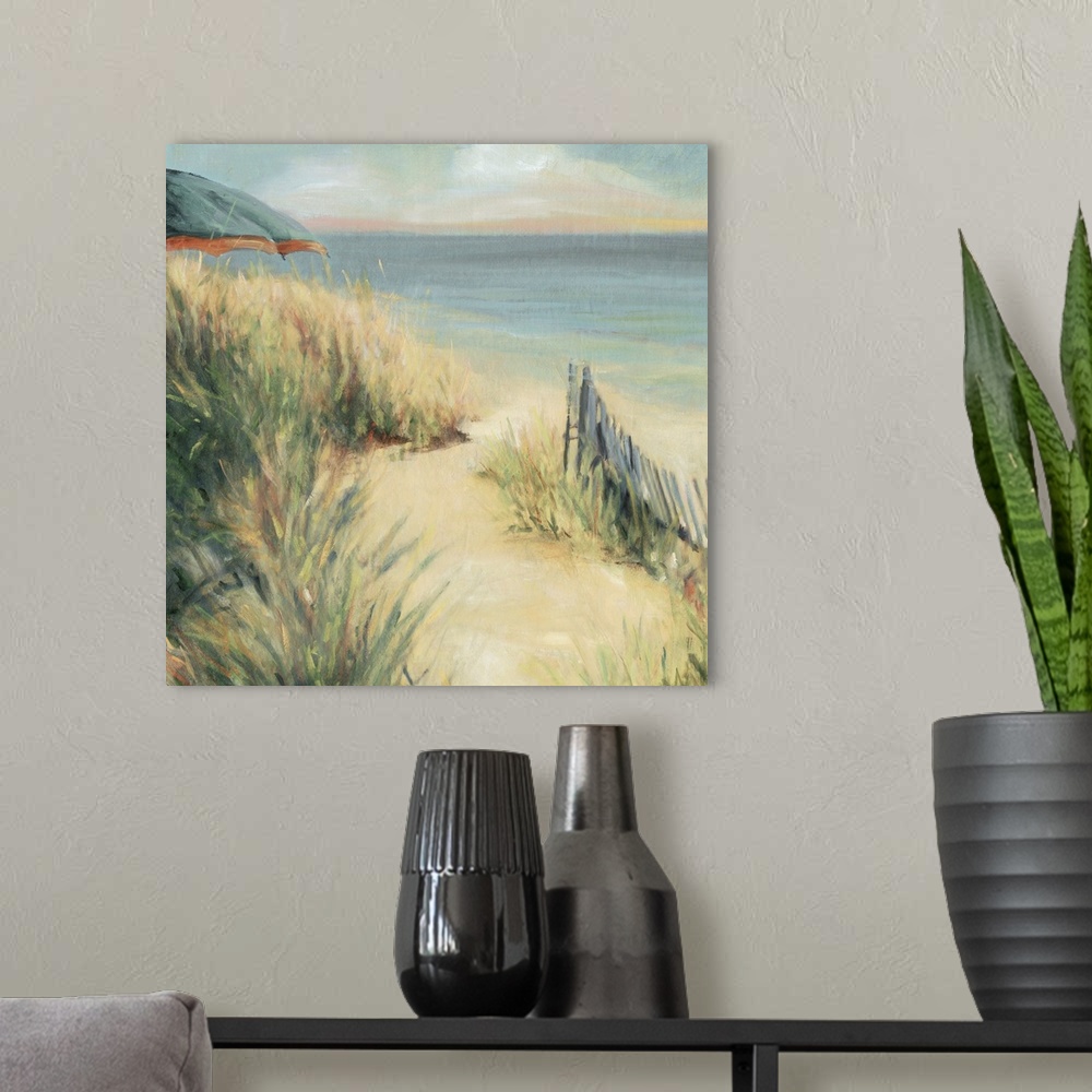 A modern room featuring Contemporary painting of an East coast beach in Bridgeport in the warm summer afternoon.