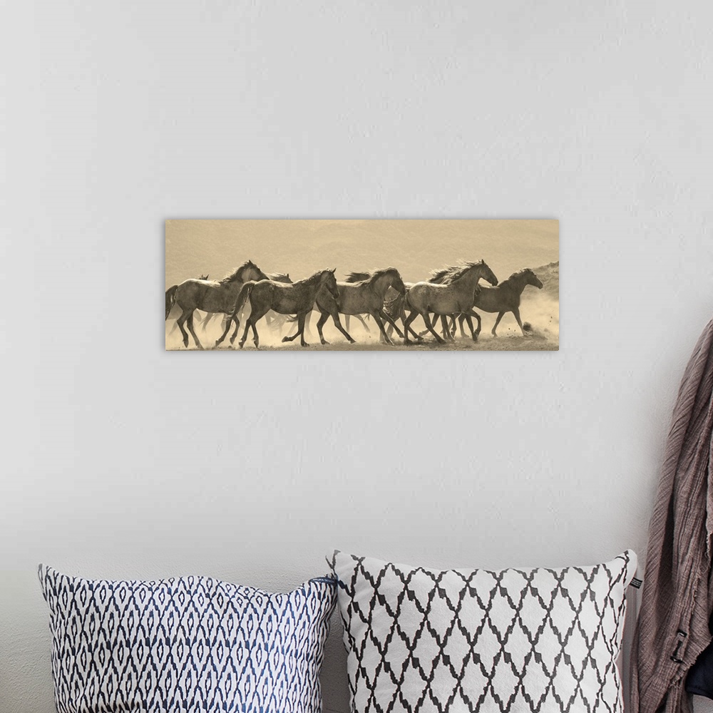 A bohemian room featuring Photograph in sepia of a parade of horses in a dusty field.