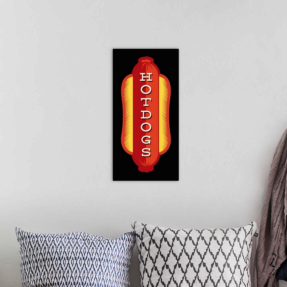 A bohemian room featuring Digital art painting of a poster titled Hotdogs IN BLACK by JJ Brando.