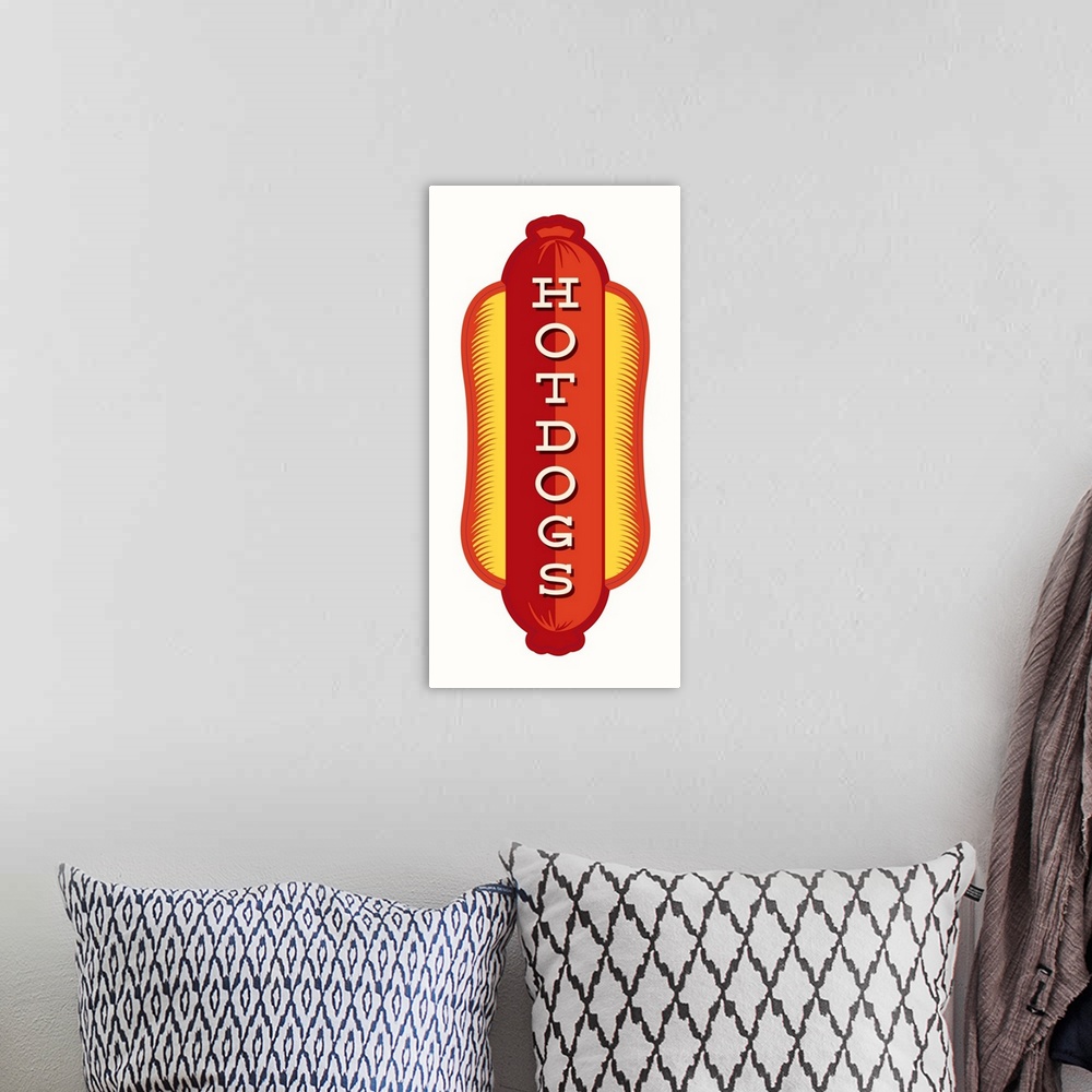 A bohemian room featuring Digital art painting of a poster titled Hotdogs IN WHITE by JJ Brando.