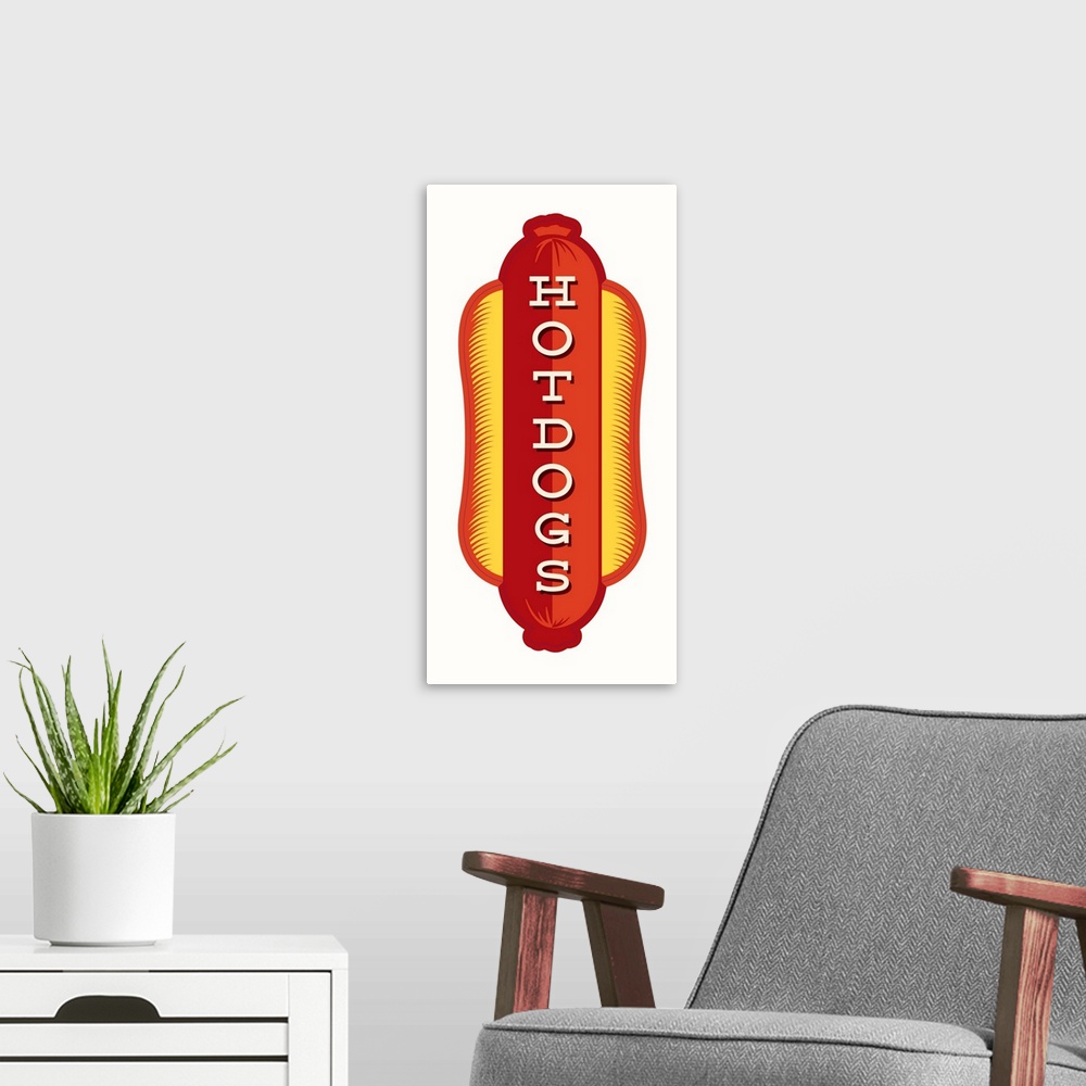 A modern room featuring Digital art painting of a poster titled Hotdogs IN WHITE by JJ Brando.