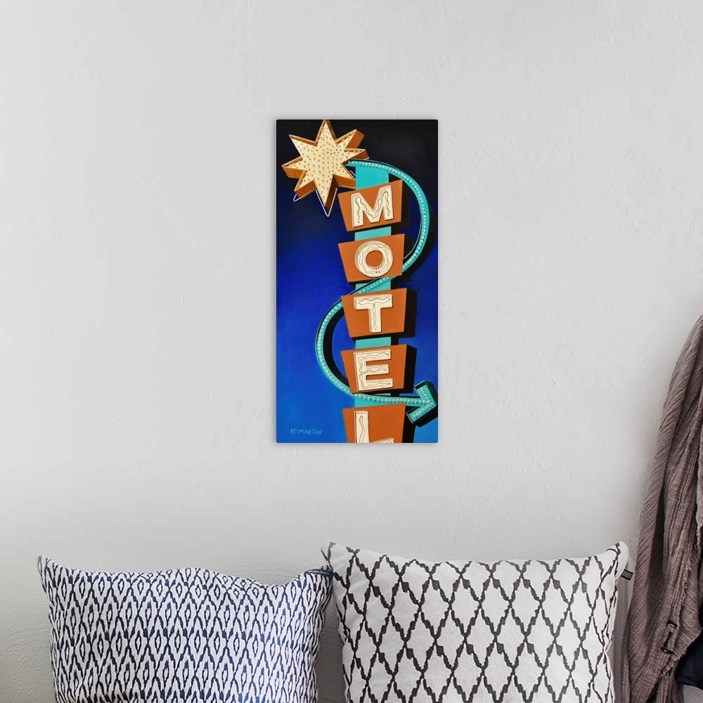 A bohemian room featuring Fine art oil painting of a brightly colored vintage neon motel sign shining brightly on a blue ba...