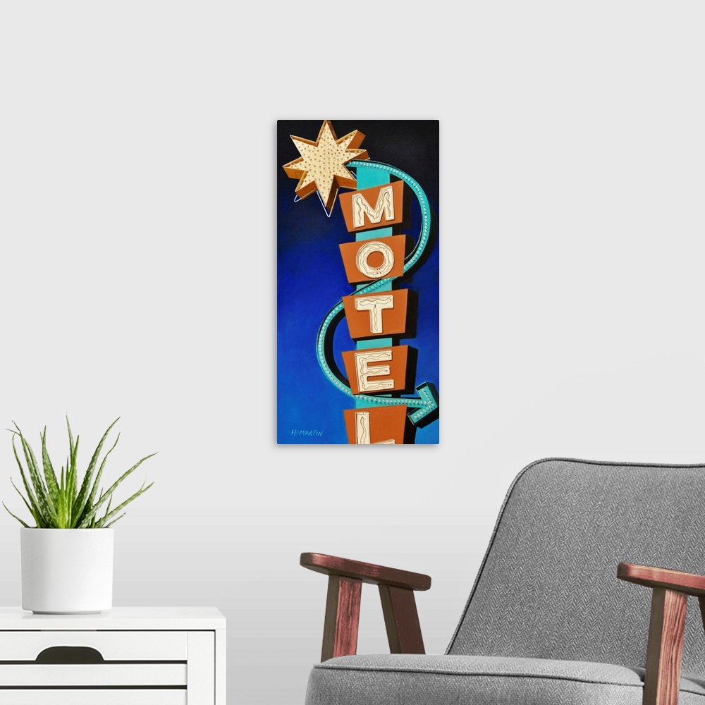 A modern room featuring Fine art oil painting of a brightly colored vintage neon motel sign shining brightly on a blue ba...