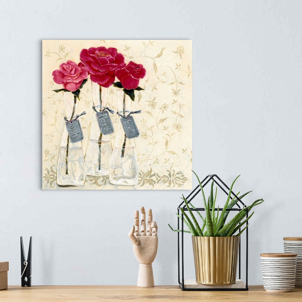 A bohemian room featuring Contemporary painting of three flowers in shades of pink with tags attached to the vases that rea...