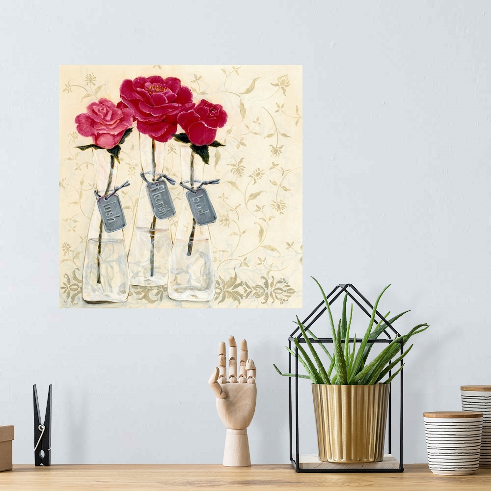 A bohemian room featuring Contemporary painting of three flowers in shades of pink with tags attached to the vases that rea...