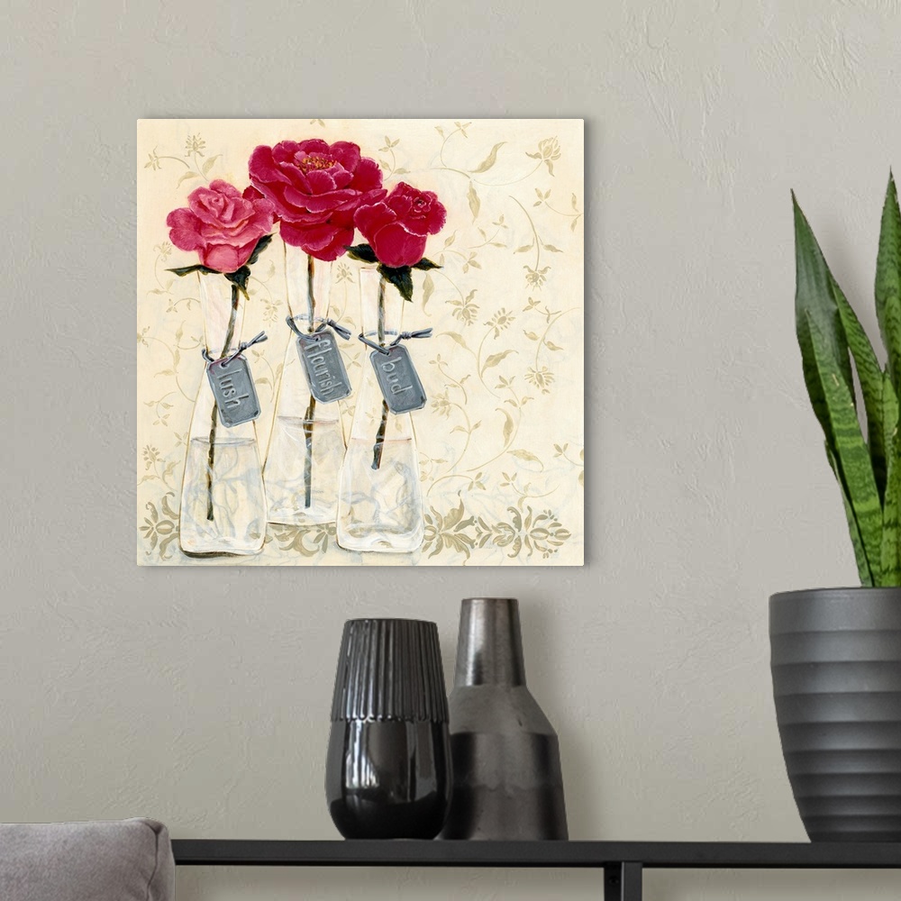 A modern room featuring Contemporary painting of three flowers in shades of pink with tags attached to the vases that rea...