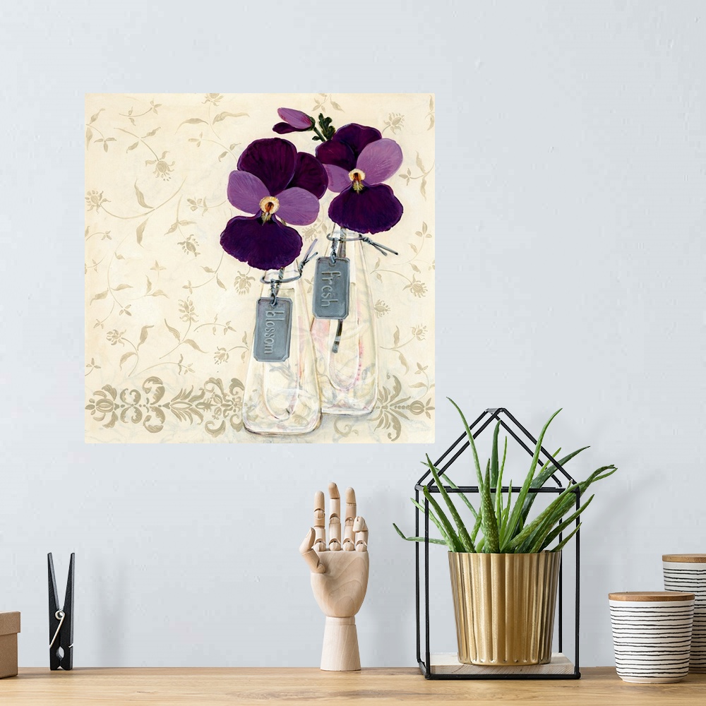 A bohemian room featuring Contemporary painting of two flowers in shades of purple with tags attached to the vases that rea...