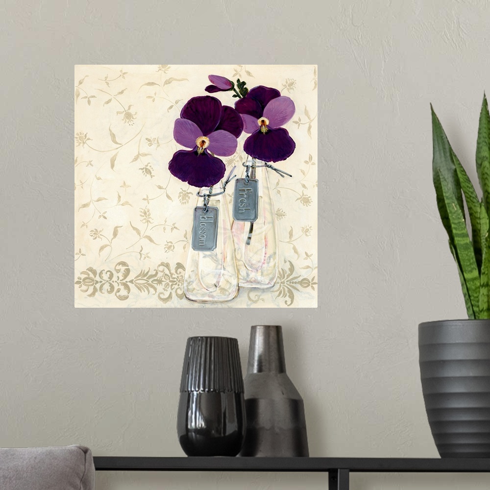 A modern room featuring Contemporary painting of two flowers in shades of purple with tags attached to the vases that rea...