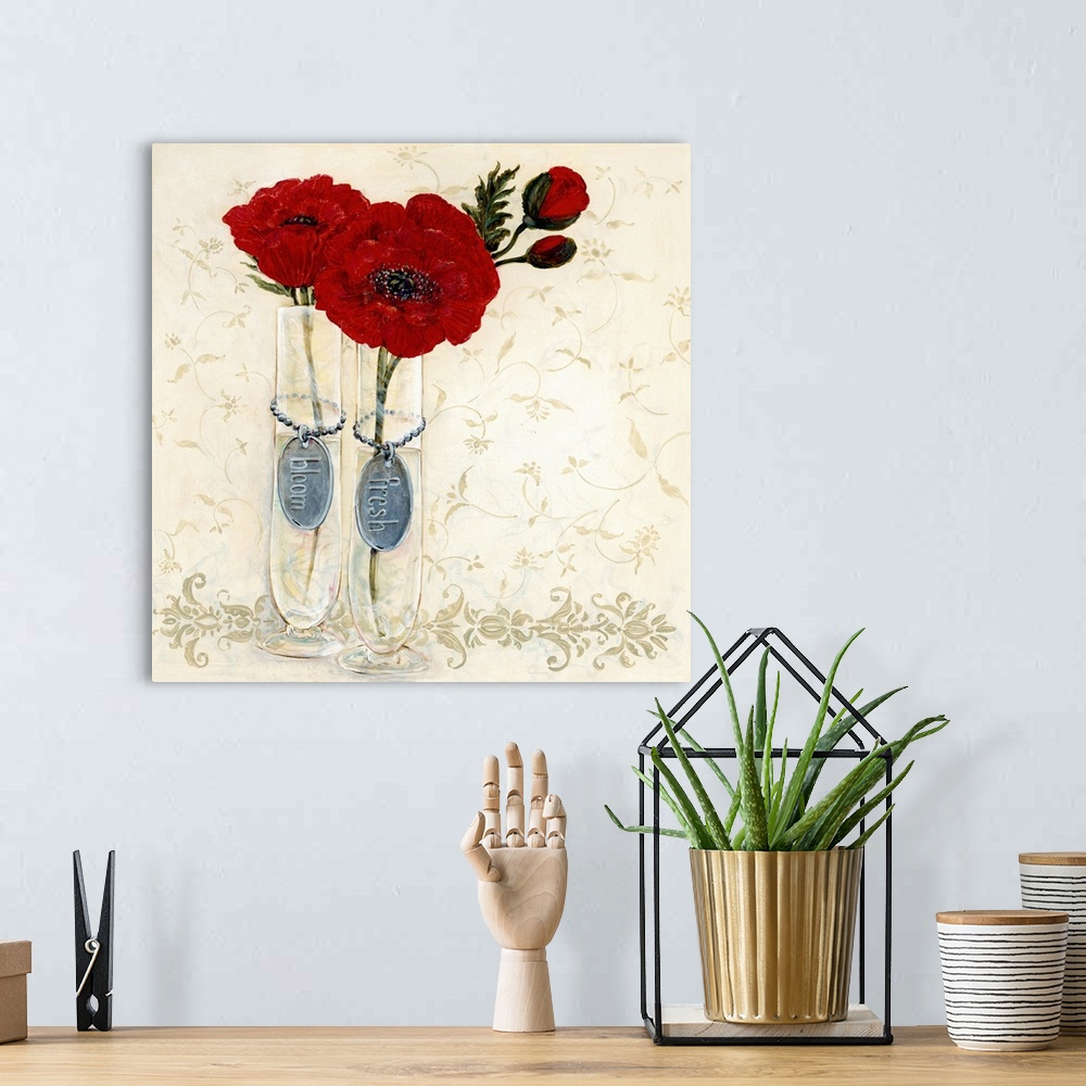 A bohemian room featuring Contemporary painting of two flowers in shades of red with tags attached to the vases that read l...