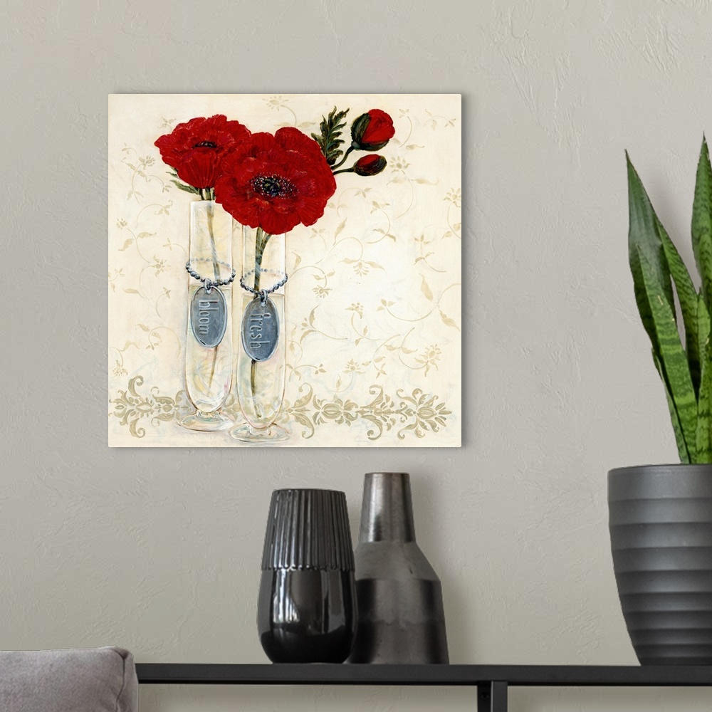A modern room featuring Contemporary painting of two flowers in shades of red with tags attached to the vases that read l...
