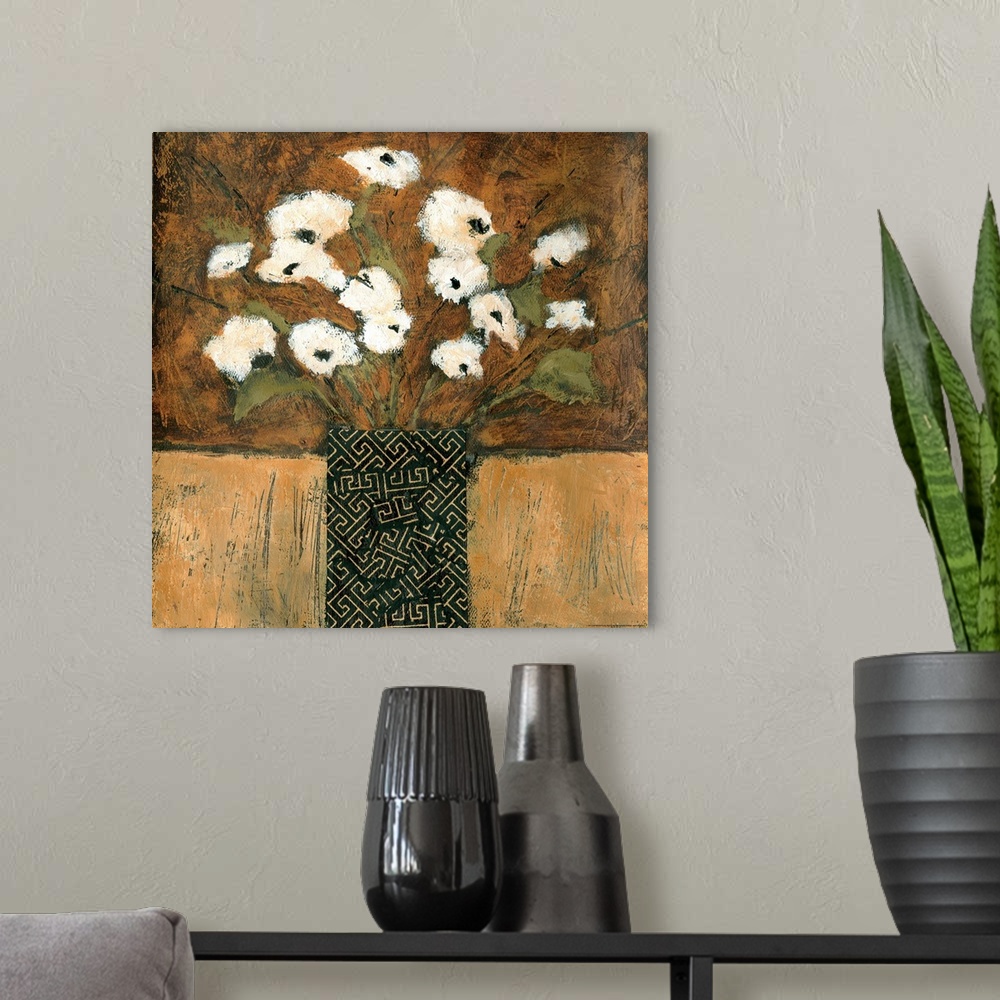 A modern room featuring Contemporary painting of a bouquet of white flowers in a patterned vase.