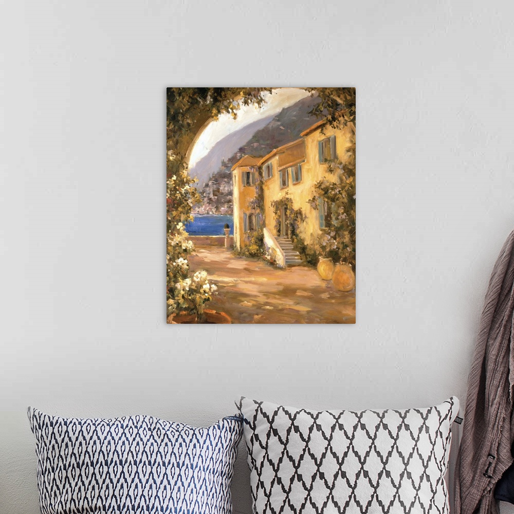 A bohemian room featuring Fine art oil painting landscape of a seaside Italian villa drenched in a warm wash of sunlight by...