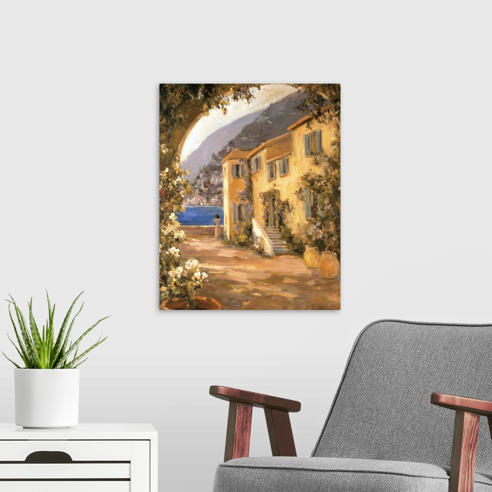 A modern room featuring Fine art oil painting landscape of a seaside Italian villa drenched in a warm wash of sunlight by...