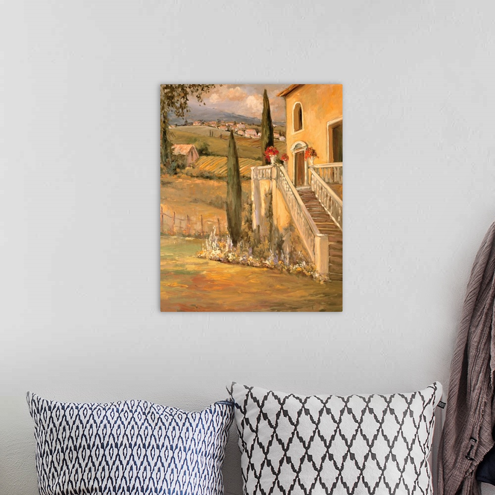 A bohemian room featuring Fine art oil painting landscape of an Italian villa farmhouse drenched in a warm wash of sunlight...