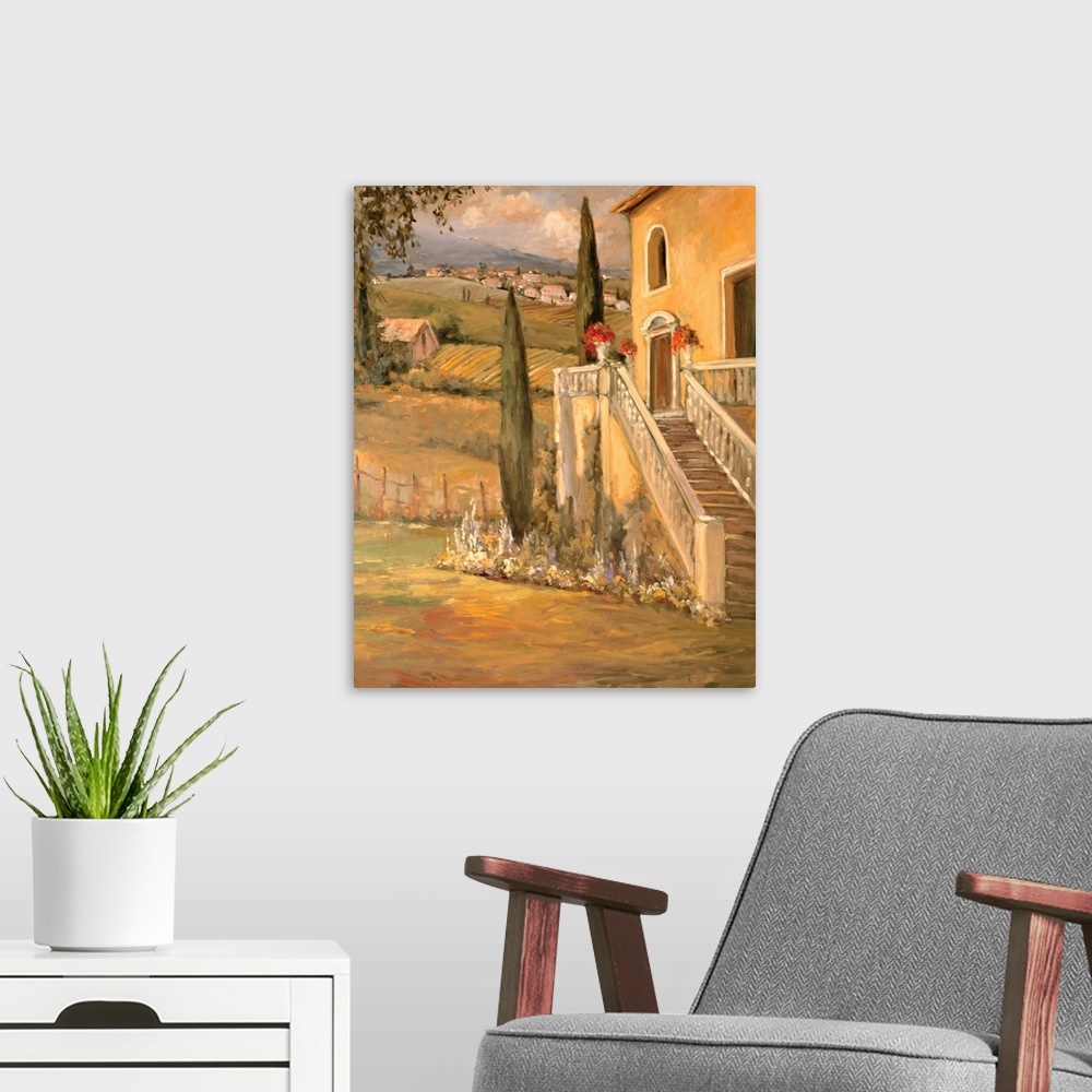 A modern room featuring Fine art oil painting landscape of an Italian villa farmhouse drenched in a warm wash of sunlight...