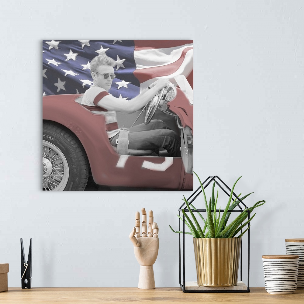 A bohemian room featuring Digital art painting in black and white with color, of James Dean in his sports car with a US fla...