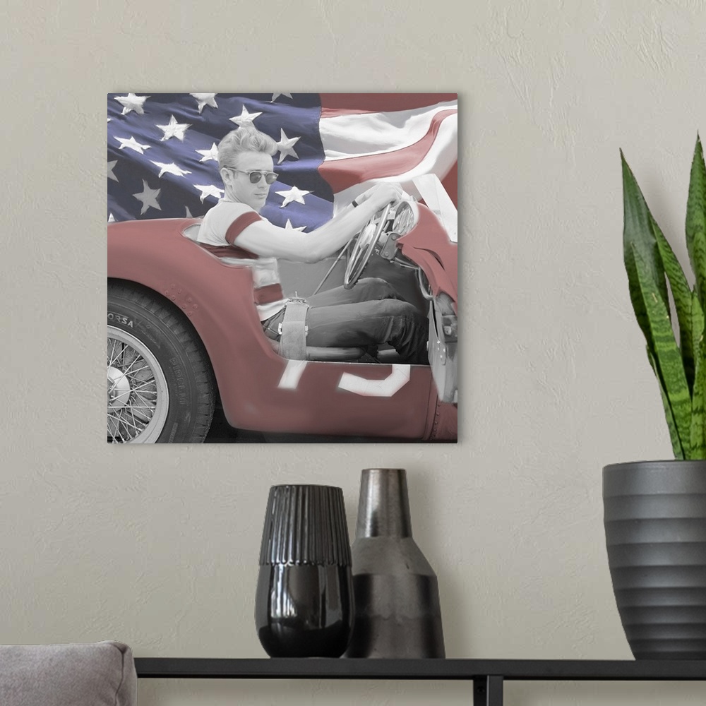 A modern room featuring Digital art painting in black and white with color, of James Dean in his sports car with a US fla...